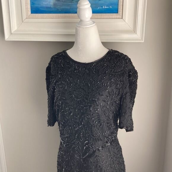 Vintage 80s Laurence Kazar Beaded Shortsleeve Black Formal Cocktail Dress Large - Picture 3 of 16